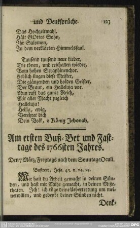 Am ersten Buß- Bet und Fasttage des 1766sten Jahres
