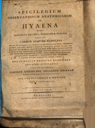 Spicilegium observationum anat. de hyaena : cum tab. aen.