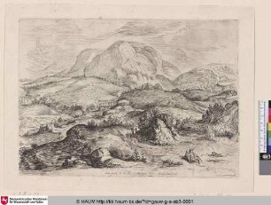 [Berglandschaft mit einem sitzenden Wanderer vorne rechts; Mountainous landscape with a seated traveller]