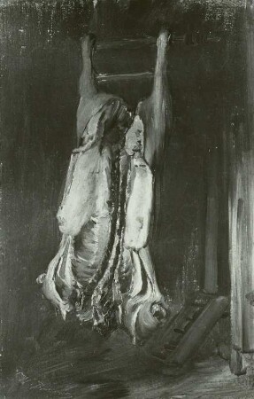 Ausgeschlachtetes Schwein auf der Leiter