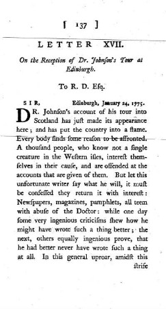 XVII. On the Reception of Dr. Johnson's Tour at Edinburgh. To the Same.