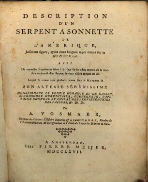 Description d'un Serpent à sonnette de l'Amerique