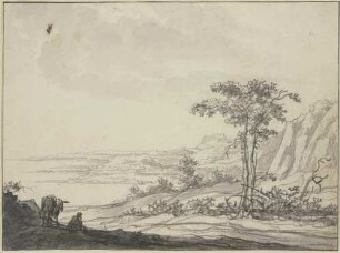 Gebirgslandschaft am Meer, links ein sitzender Mann bei einem Esel