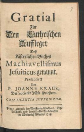 Gratial Für Den Luthrischen Auffleger Deß Lästerlichen Buches Machiavellismus Jesuiticus genannt