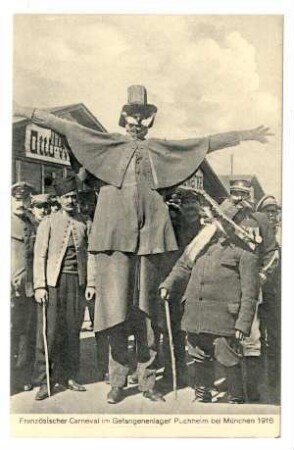 Postkarten mit Bildern aus dem Kriegsgefangenenlager Puchheim, Postkarte o.Nr.: Französischer Karneval im Gefangenenlager Puchheim 1916 (in Umschlag)