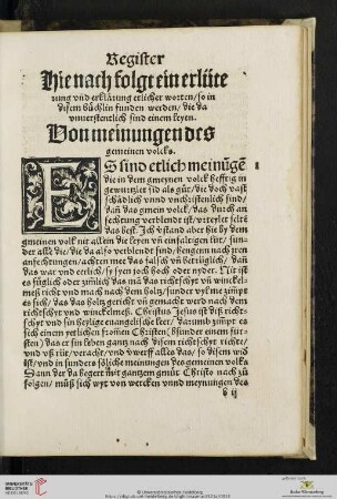 Register [...] Von meinungen des gemeinen volcks