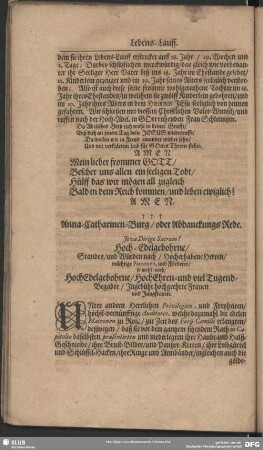 Abdankung : Anna-Catharinen-Burg, oder AbdanckungsRede. Abdanckung