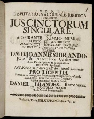 Disputatio Inauguralis Iuridica Exhibens Ius Cinctorum Singulare