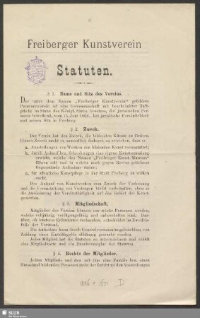 Statuten : Freiberger Kunstverein : [unterzeichnet:] Freiberg, 19. Mai 1885