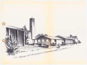 Heilig-Geist-Kirche, Bad Oeynhausen Gemeindehaus: Perspektivische Ansicht von der Straße aus (Lichtpause von Inv.Nr. 37981)