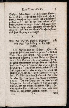 I. Von den Taroc-Karten insgemein, und von deren Austheilung an die Mitspieler.