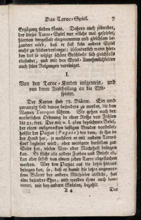 I. Von den Taroc-Karten insgemein, und von deren Austheilung an die Mitspieler.