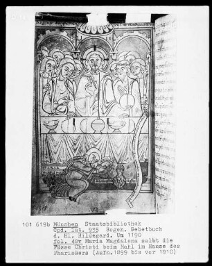 Sogenanntes Gebetbuch der heiligen Hildegard — Maria Magdalena salbt die Füße Christi, Folio 48verso