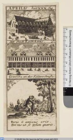 April, Kalenderblatt mit Ansichten des Altstadtrathauses und des Gewölbes an der Klöpperstraße Braunschweig