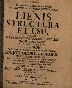 Dissertatio Anatomico-Physiologica De Lienis Structura Et Usu