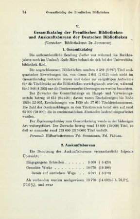 V. Gesamtkatalog der Preußischen Bibliotheken und Auskunftsbureau der Deutschen Bibliotheken