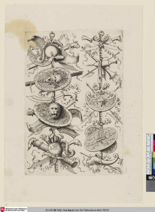 [Le premier trophée offre le masque d'un lion sur un bouclier; Trophies with a Lion's Head on a Shield; Trophäen mit einem Löwenkopf auf einem Schild]