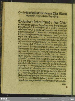 Copia Chursachsen Schreiben an Chur Maintz wegen Collegialstag zu Regenspurg