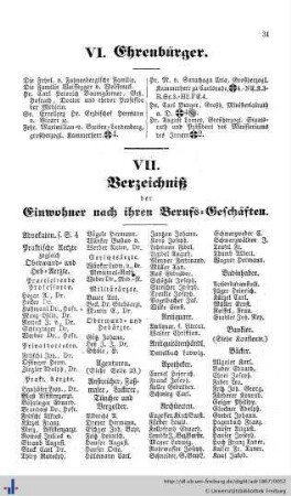Ehrenbürger, Verzeichniß der Einwohner nach ihren Berufsgeschäften, Verzeichniß sämmtlicher Hauseigenthümer.