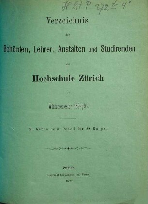 Verzeichnis der Behörden, Dozenten, Anstalten und Studierenden. 1892/93, WS