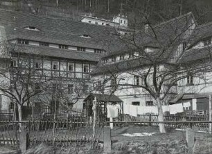 Bad Schandau, Nagelschmiede von Oscar Otto (rechts) mit Garten und weiteren Fachwerkhäusern