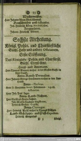 Sechste Abtheilung. Königl. Pohln. und Churfürstliche Sächs. hohe und andere Officianten