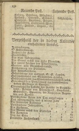 Verzeichniß der in diesem Kalender enthaltenen Artickel