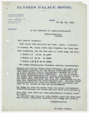 Brief aus Paris an die Direktion der Astro-Gesellschaft in Berlin über Probleme mit dem Tachon - Objektiv