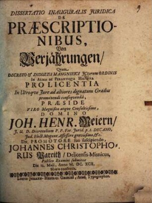 Dissertatio Inauguralis Iuridica De Praescriptionibus, Von Verjährungen