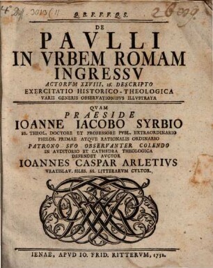 De Paulli in urbem Romam ingressu, Actor. XXVIII,16. descripto, exercitatio historico-theologica