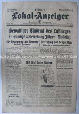 Tageszeitung "Berliner Lokal-Anzeiger" u.a. über die Unterredung zwischen Hitler und Mussolini