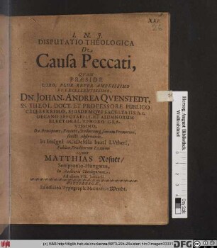 Disputatio Theologica De Causa Peccati