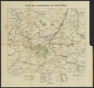 Plan und Umgebungskarte mit Einträgen zum Grundbesitz von Zittau , 1: 10 000 u. 1:112 500, Lithographie, 1900 : 1. Plan von Zittau / nach Plänen des Stadtbauamtes. Bearb. von R. Müller. - 1900/01. - 1:10 000. - Zittau : Haupt u. Schwager, 1900. - 1 Kt. : Lithogr. ; 38 x 28 cm +++ 2. Karte des Grundbesitzes der Stadt Zittau / Gez. von R. Müller. - 1:112 500. - Zittau : Haupt u. Schwager, 1900. - 1 Kt. : dreifarb. Lithogr. ; 36 x 30 cm