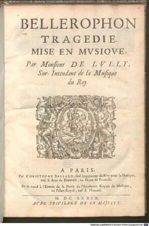 BELLEROPHON : TRAGEDIE. MISE EN MVSIQVE