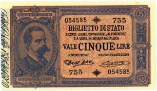 Geldschein, 5 Lire, 17.12.1882