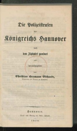 Die Polizeistrafen des Königreichs Hannover