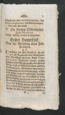 II. Die Kirchen-Ordnung des Feldt-Ministerii betrift, bestehet solches in folgenden ...