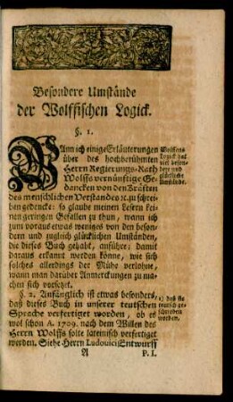 Besondere Umstände der Wolffischen Logick