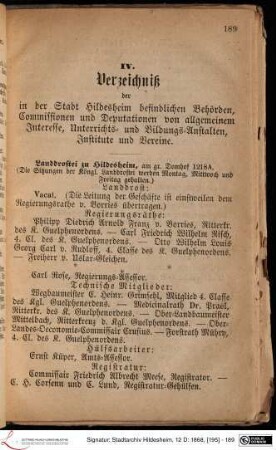 IV. Verzeichniß der in der Stadt Hildesheim befindlichen Behörden, Commissionen und Deputationen von allgemeinem Interesse, Unterrichts- und Bildungs-Anstalten, Institute und Vereine.