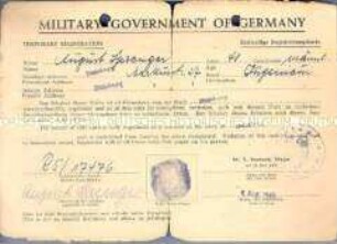 Zeitweiliger Registrierungsschein der britischen Militärregierung (mit Fingerabdruck)