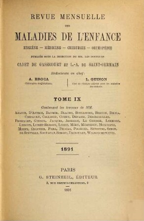 Revue mensuelle des maladies de l'enfance : hygiène, médecine, chirurgie, orthopédie. 9. 1891