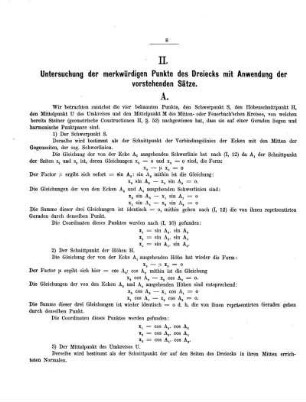 II. Untersuchung der merkwürdigen Punkte des Dreiecks mit Anwendung der vorstehenden Sätze.