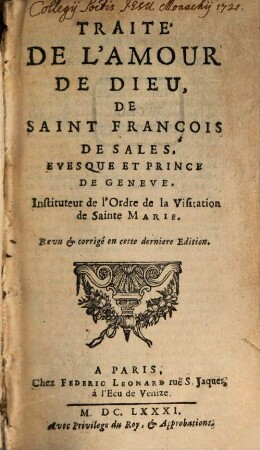 Traicté de l'amour de Dieu