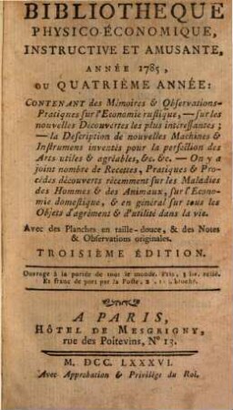 Bibliothèque physico-économique : instructive et amusante. 1785 = A. 4