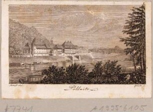 Schloss Pillnitz bei Dresden vom linken Ufer nach Südosten über die Elbe gesehen