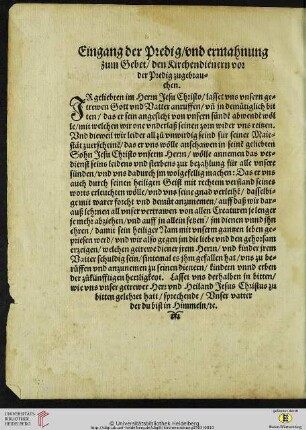 Eingang der Predig /vnd ermahnung zum Gebeth für der Predig