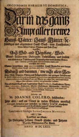 Oeconomia Ruralis Et Domestica : Darin[n] das gantz Ampt aller trewer Hauß-Vätter, Hauß-Mütter, beständiges und allgemeines Hauß-Buch, vom Haußhalten ... begriffen ... ; Sampt beygefügter einer experimentalischer Hauß-Apotecken und kurtzer Wund-artzney-Kunst, wie dann auch eines Calendarii perpetui ..., 1