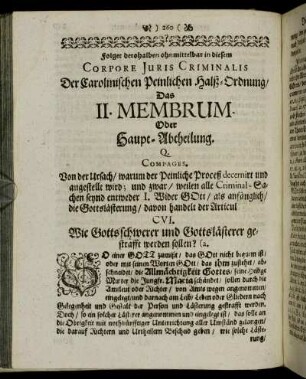 Der Carolinischen Peinlichen Halß-Ordnung, Das II. Membrum Oder Haupt-Abtheilung