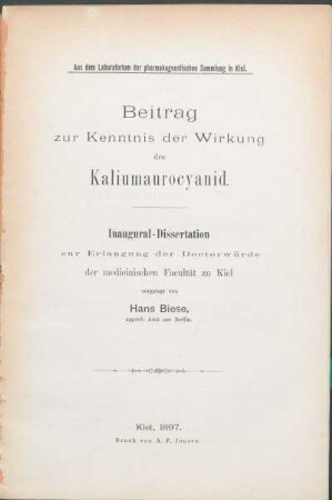 Beitrag zur Kenntnis der Wirkung des Kaliumaurocyanid