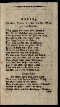 Anhang Lehrreicher Reimen der alten deutschen Wahrheit und Liebkosen